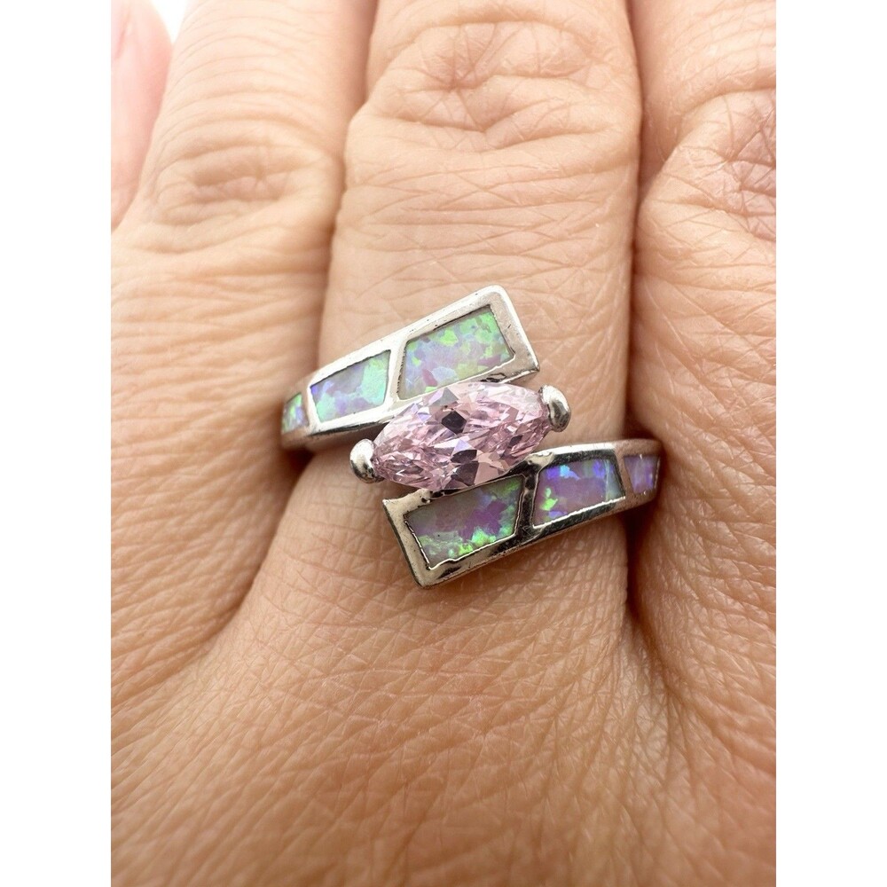 Silver Tone Imitation Opal Pink Cubic Zirconia Ring Size 6
